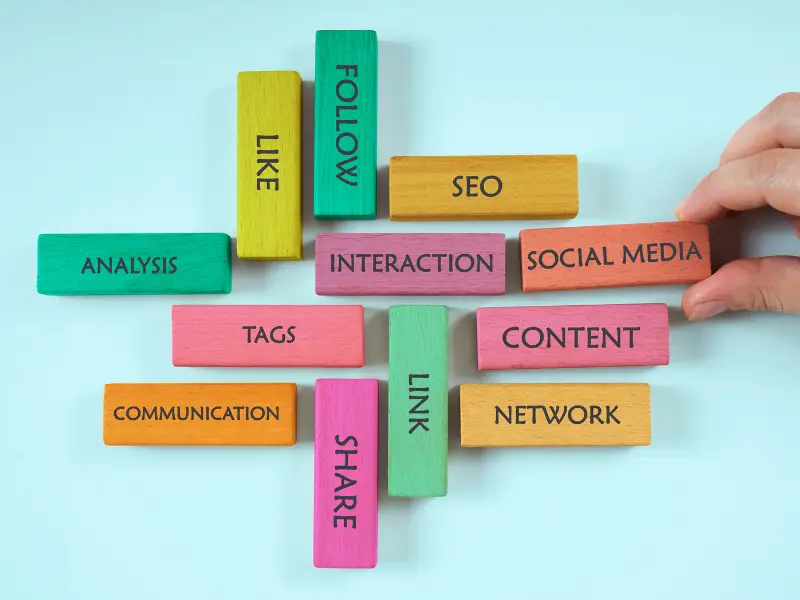 Bunte Holzklötze mit Begriffen aus dem Online-Marketing wie „SEO“, „Content“, „Social Media“ und „Interaktion“ – Bausteine der digitalen Kundenbindung.