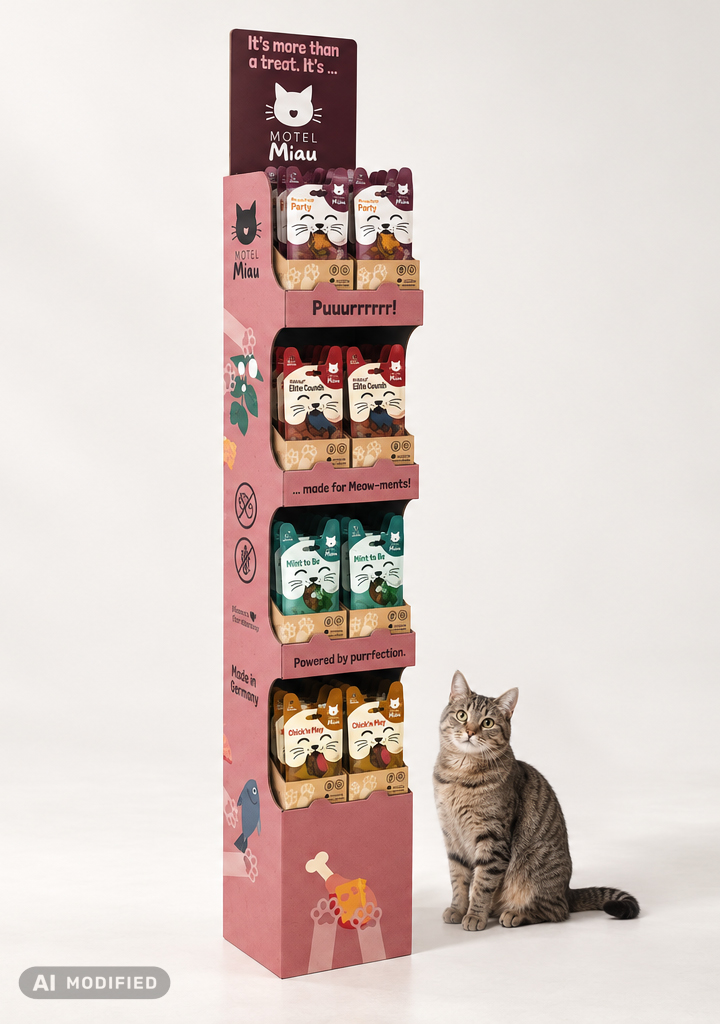 Motel-Miau-Verkaufsdisplay mit verschiedenfarbigen Produktverpackungen und einer Katze daneben