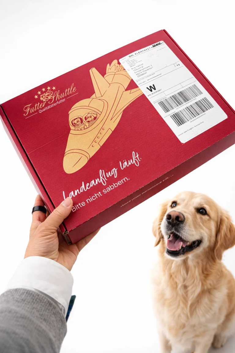 Rotes Futtershuttle-Probierpaket mit goldfarbener Hundeillustration, von einer Hand neben einem Golden Retriever gehalten