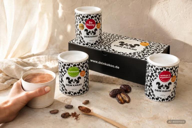 Schwarze Geschenkbox von DEIN KAKAO mit drei Kakaodosen, einer Tasse und Kakaobohnen auf hellem Untergrund
