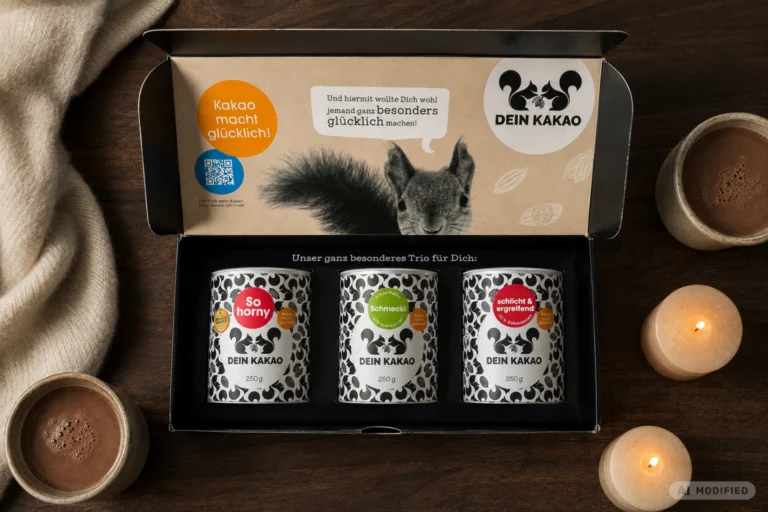 Geöffnete Geschenkbox von DEIN KAKAO mit drei Kakaodosen, umgeben von Tassen, Kerzen und einem Tuch