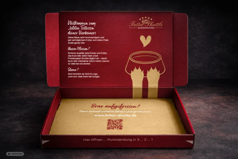 Geöffnete Futtershuttle-Verpackung mit roter und goldfarbener Innengestaltung auf dunklem Hintergrund