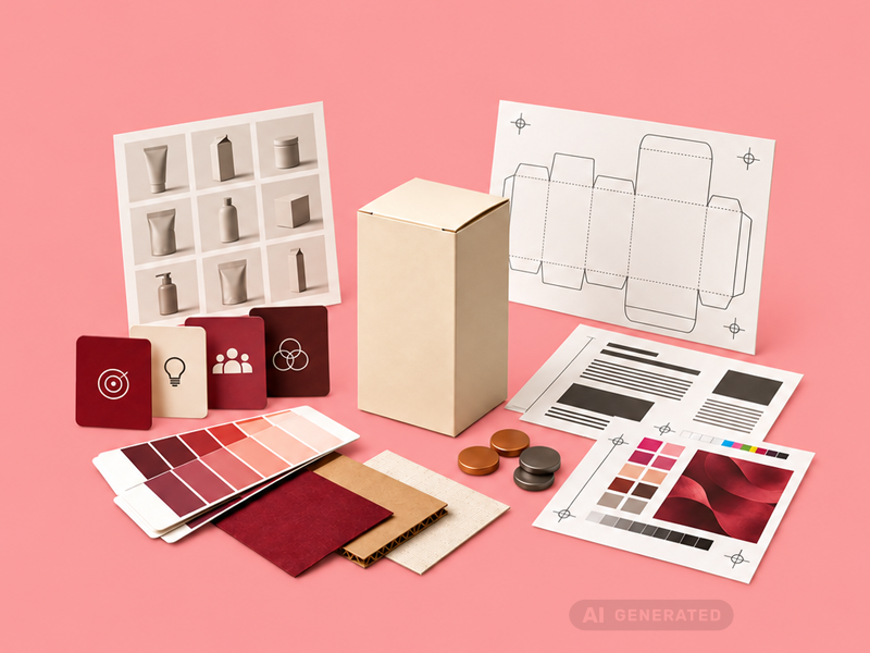 Verpackung mit Stanzzeichnung, Farb- und Materialmustern, Layoutentwürfen und Münzen als Symbol für die Kostenfaktoren im Verpackungsdesign.